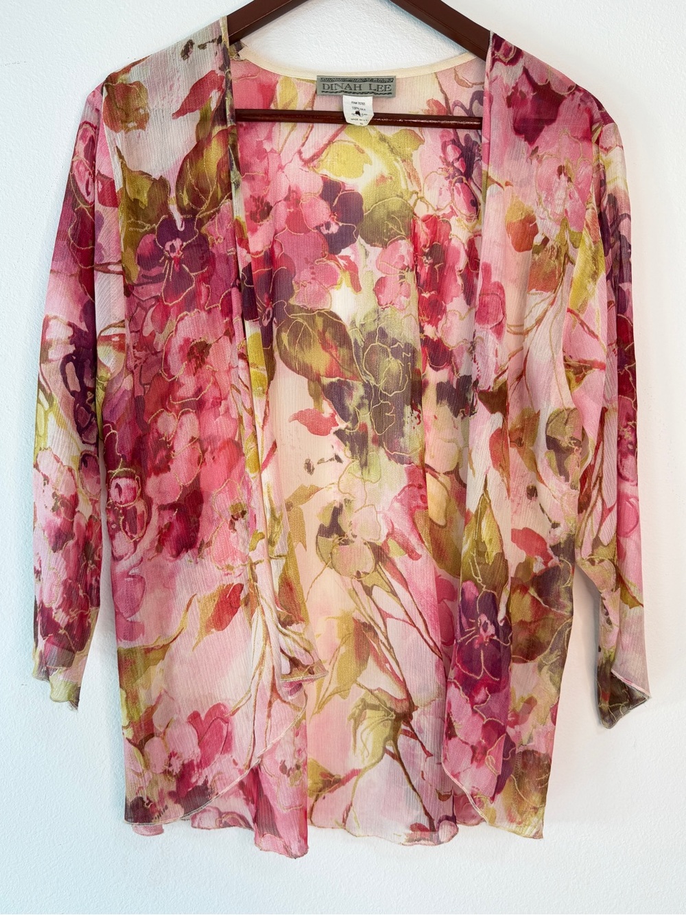 VTG 90s Y2K Dinah Lee Silk Sheer Watercolor Floral Kimono Cardigan Boho Fairy